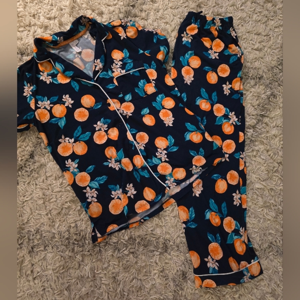 Women’s Navy Orange-Print Pajama Set